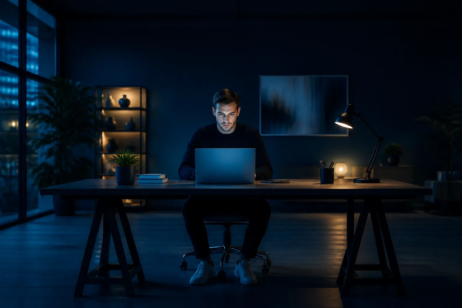 Entrepreneur working on VelorixAI platform at a modern desk